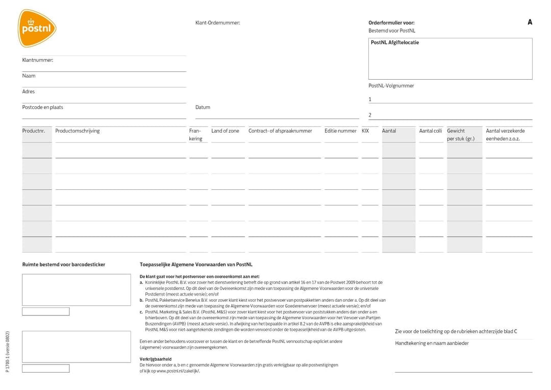 P1700 Orderformulier partijenpost (25 st)