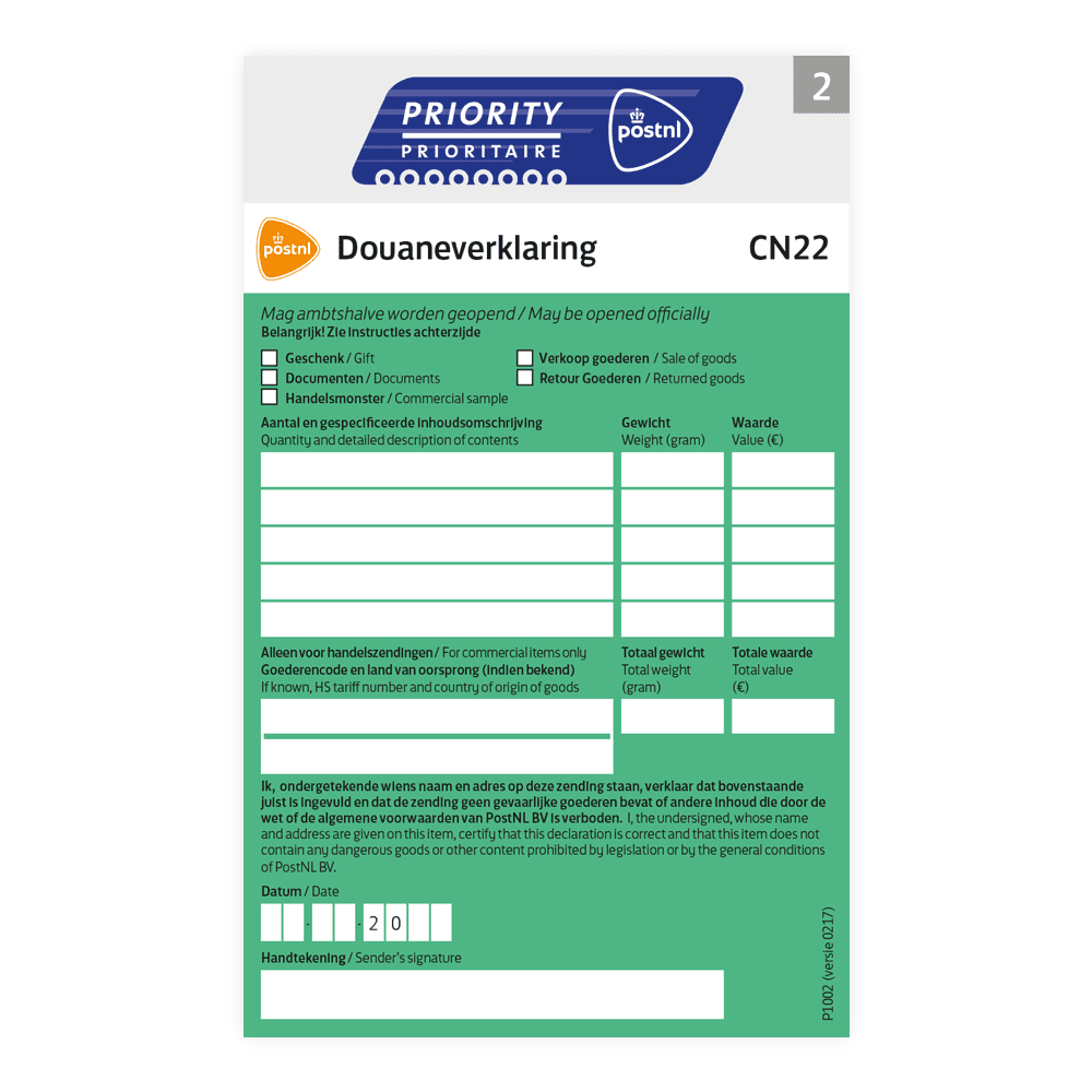 Douaneverklaring Priority (0-2kg)